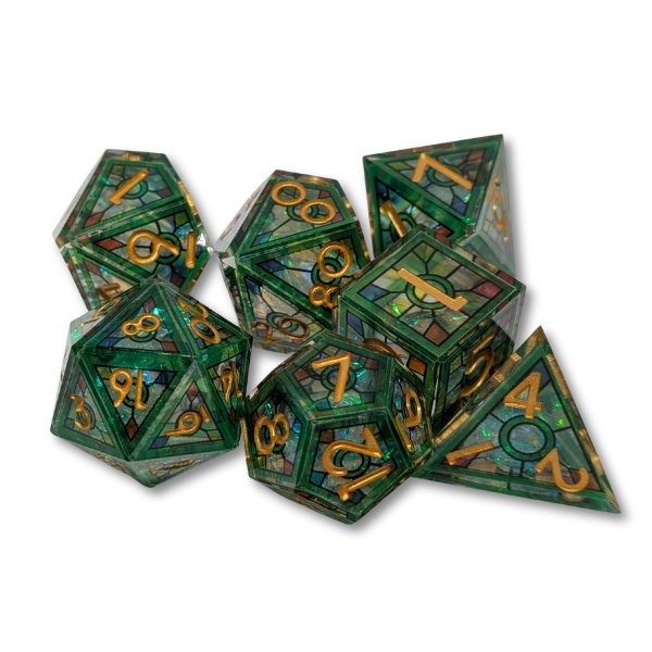 Green Stained Glass - Sharp Edge - Set of 7 Polyhedral Dice